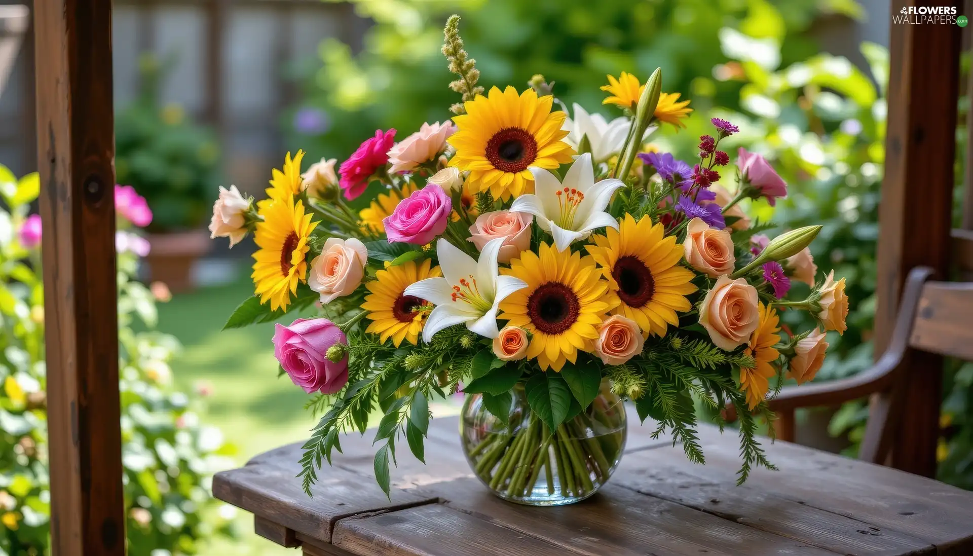 roses, Nice sunflowers, wooden, lilies, Flowers, bouquet, Table
