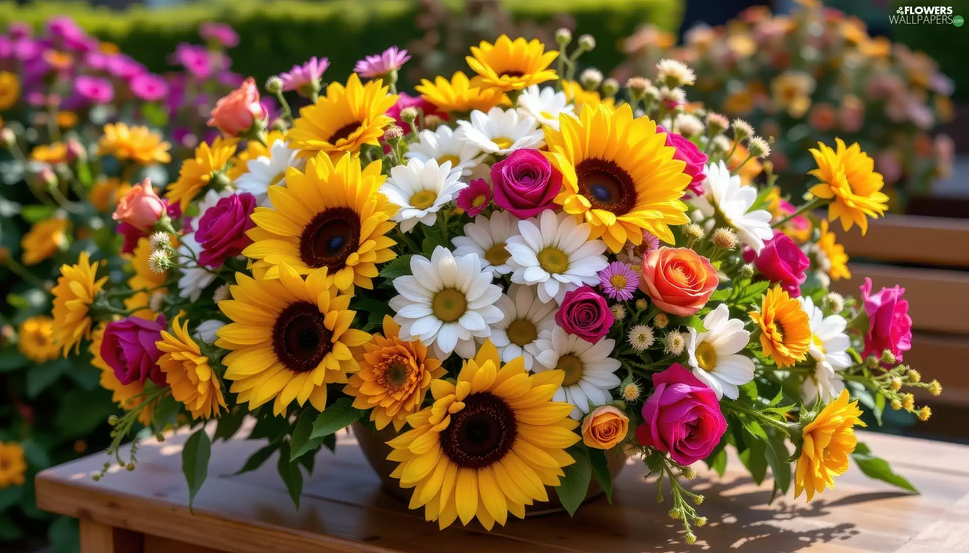 daisies, Nice sunflowers, Vase, roses, Flowers, bouquet, Table