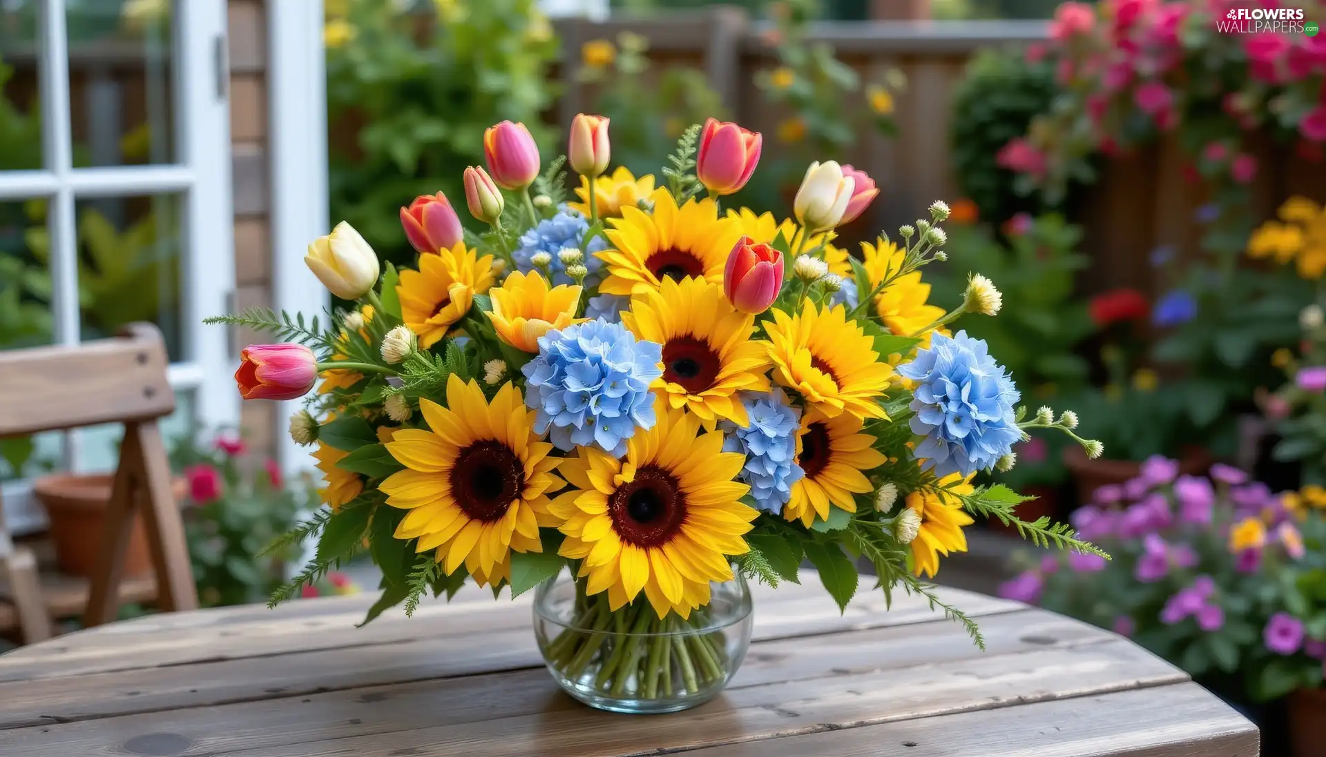 hydrangeas, Flowers, Vase, Nice sunflowers, bouquet, Tulips, Table