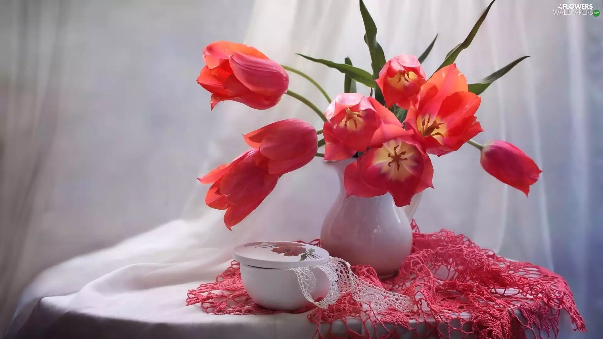 Tulips, tablecloth, bouquet, Flowers, composition
