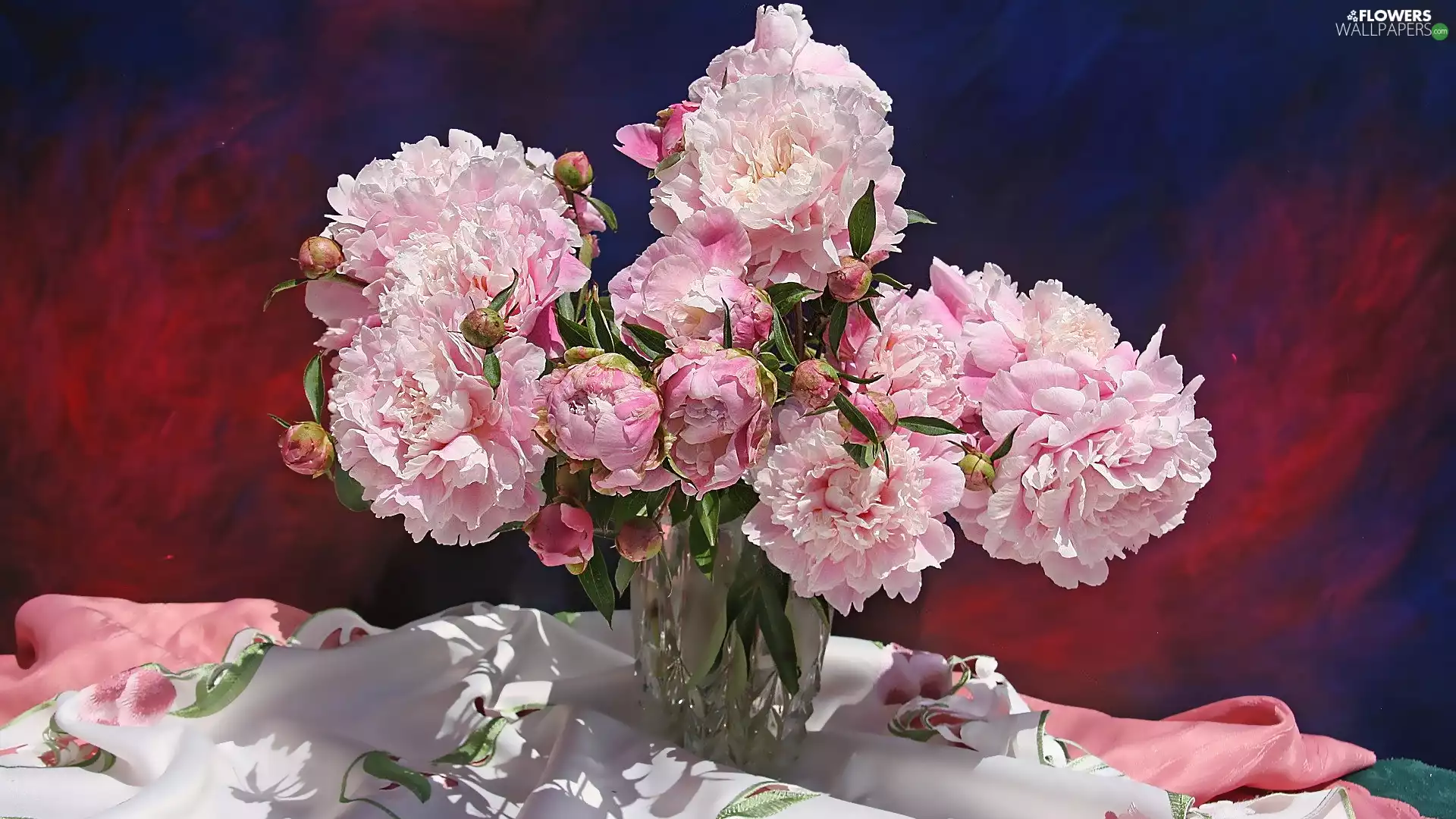 White, tablecloth, bouquet, Peonies, Vase