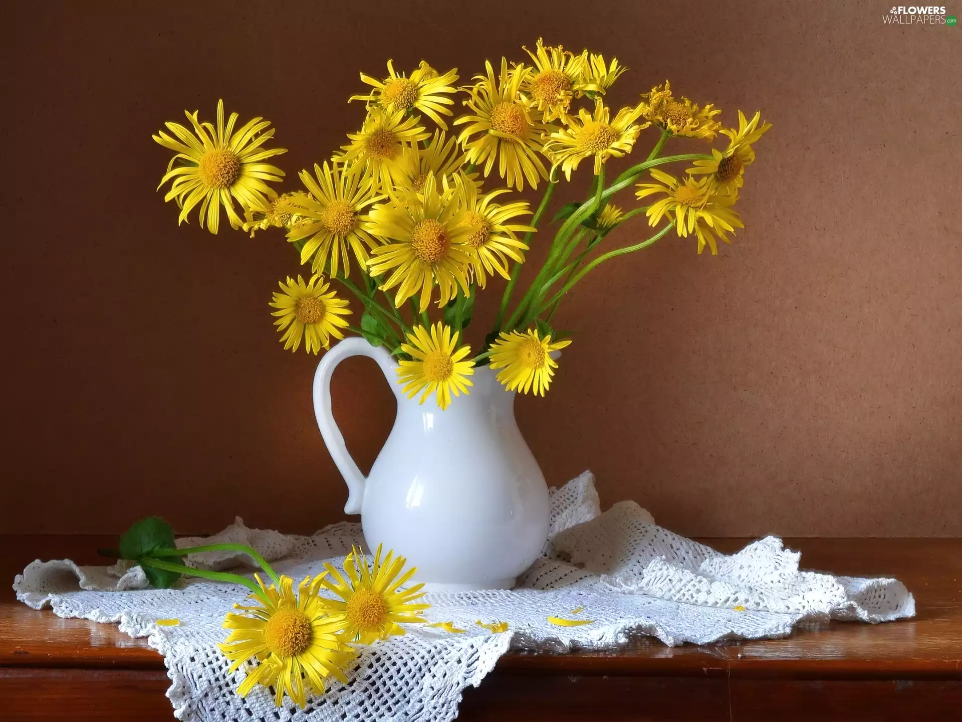 flowers, small bunch, tablecloth, composition, jug, yellow