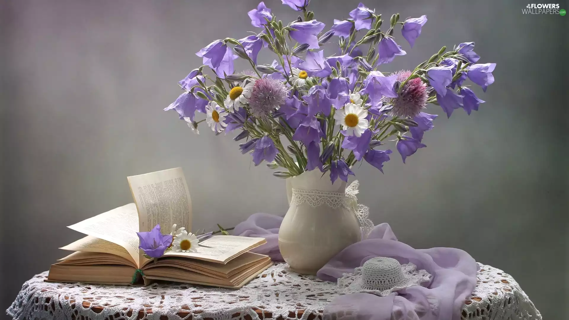 ringtones, daisy, hat, Book, blade, Flowers, bouquet, tablecloth