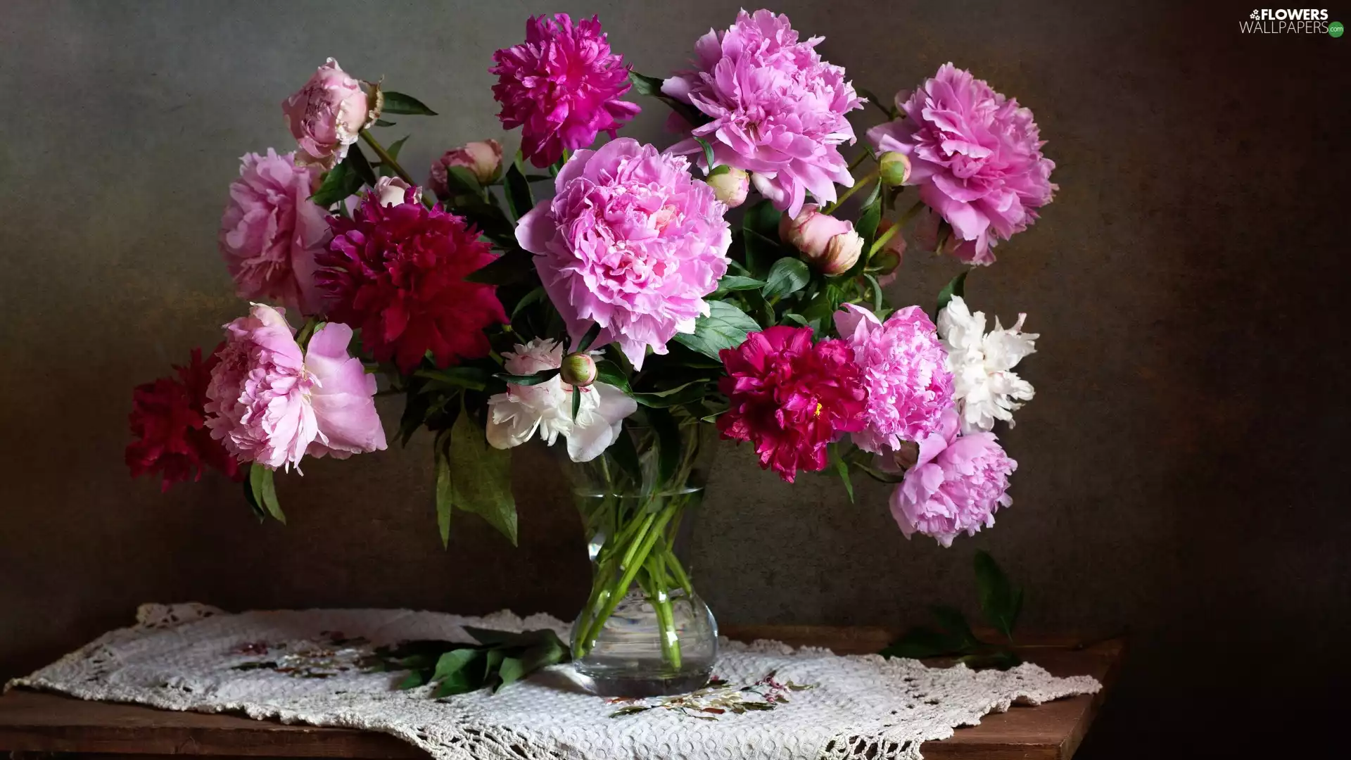 bouquet, color, Vase, tablecloth, glass, Peonies