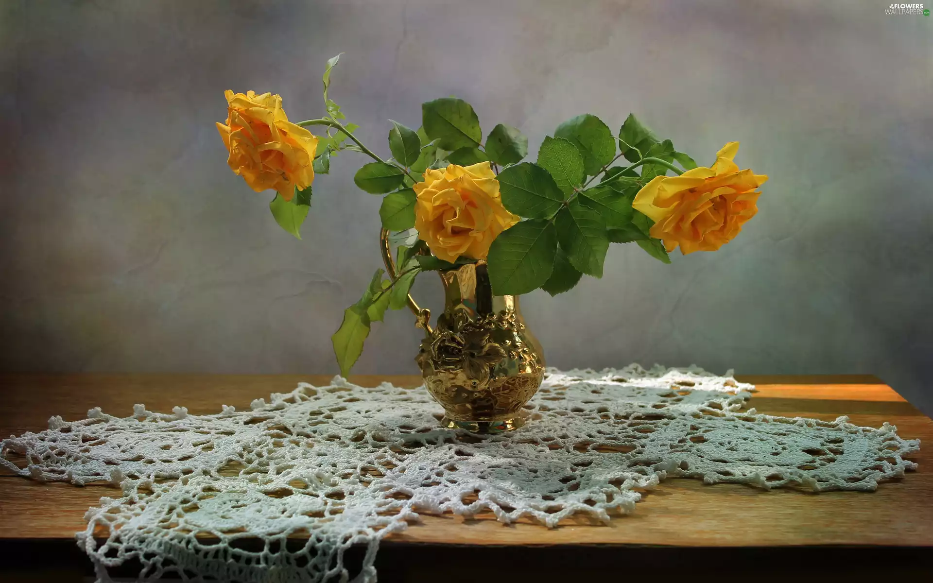 roses, tablecloth, Three, Yellow, Vase