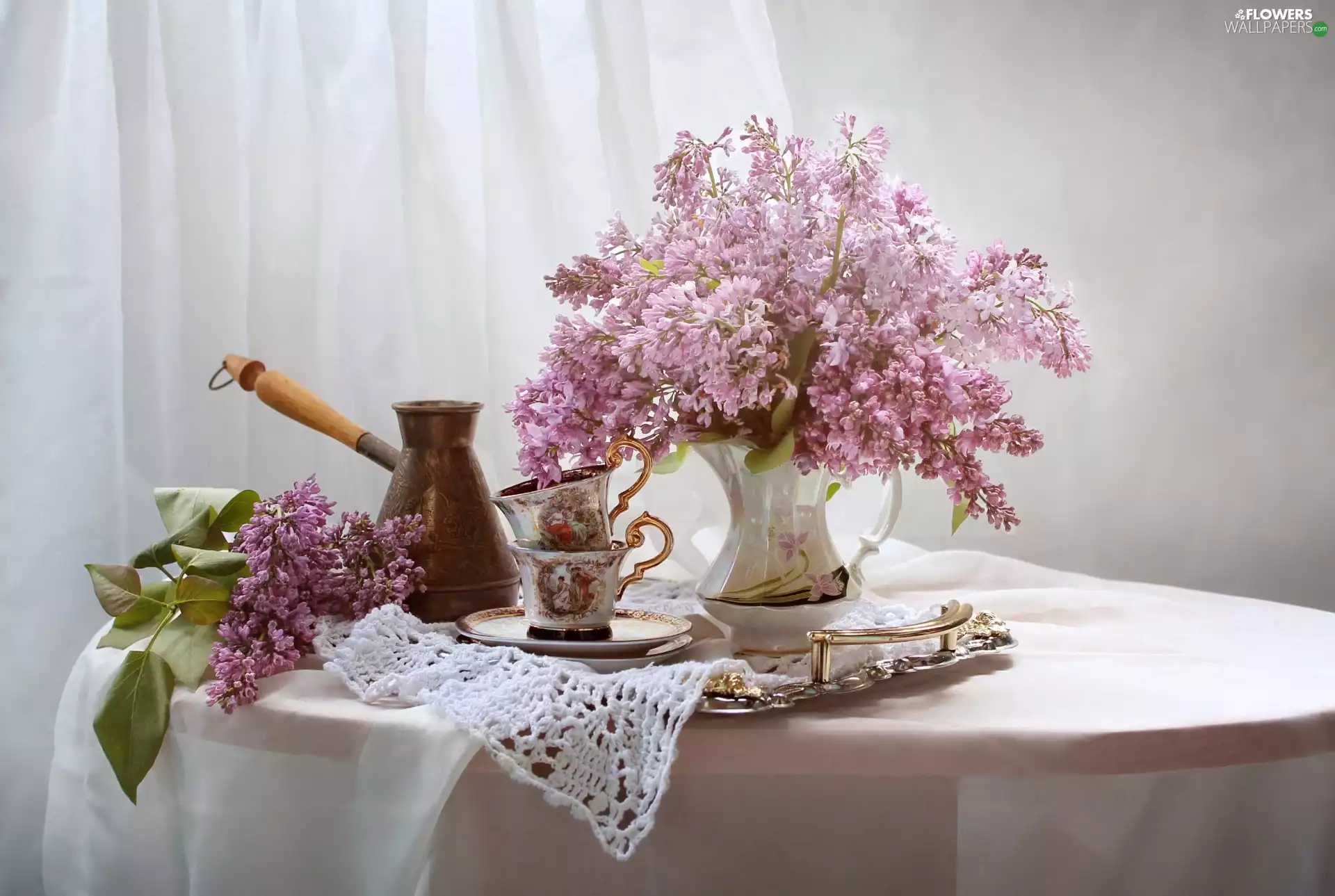 bouquet, composition, cups, tablecloth, without, Vase