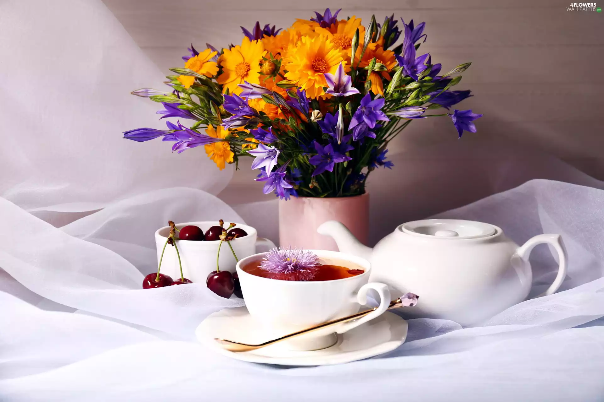 Flowers, vase, cup, tea, kettle, bouquet