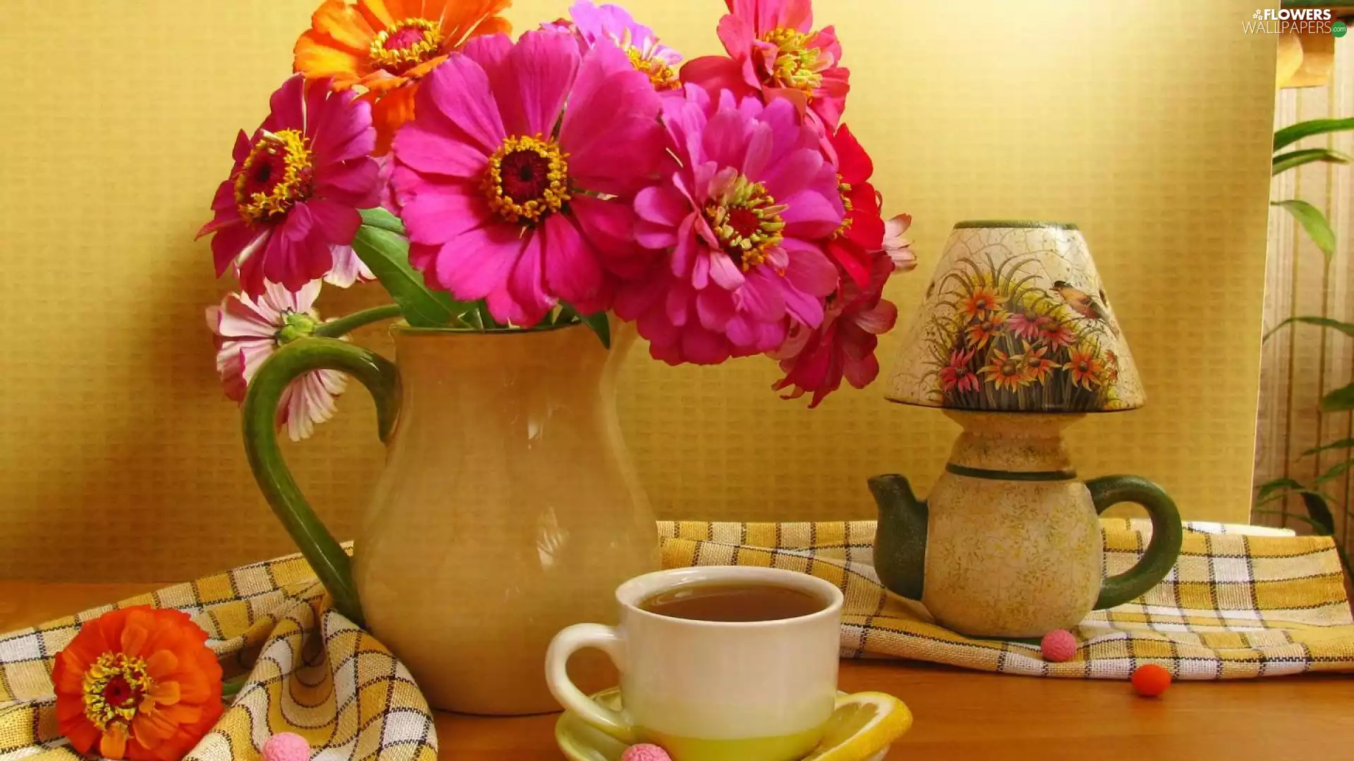 Lemon, cup, bouquet, tea, composition, Vase, Zinnia