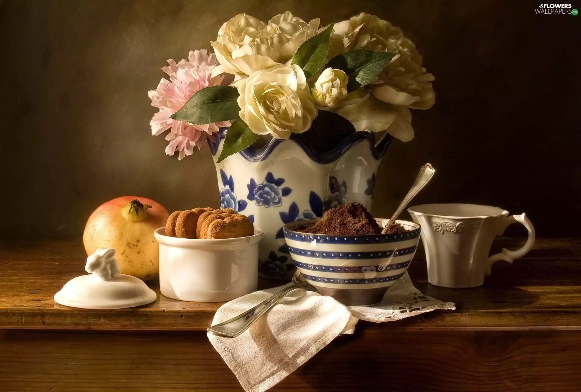 tea, Cookies, plastics, flowers, bouquet
