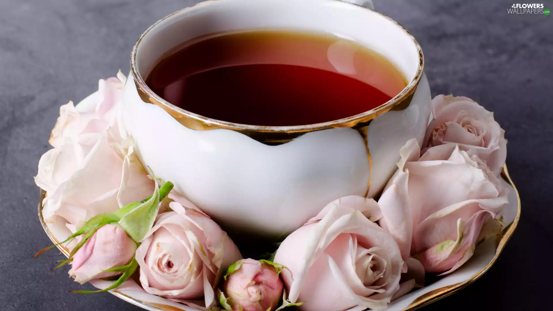 cup, saucer, roses, tea