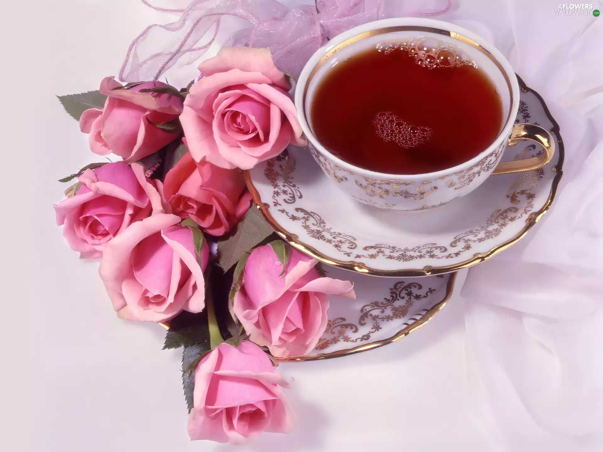 tea, roses, cup