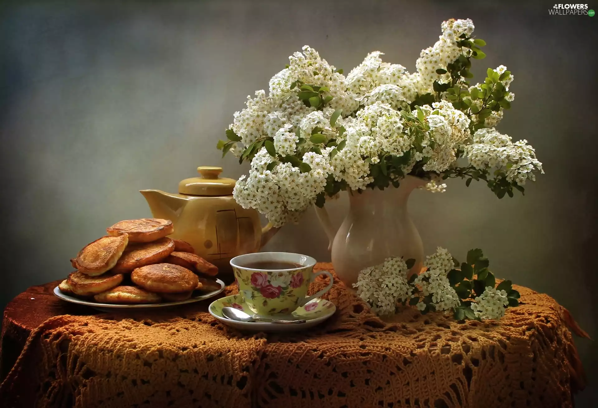cup, Vase, Pancakes, tea, bouquet, jug, composition