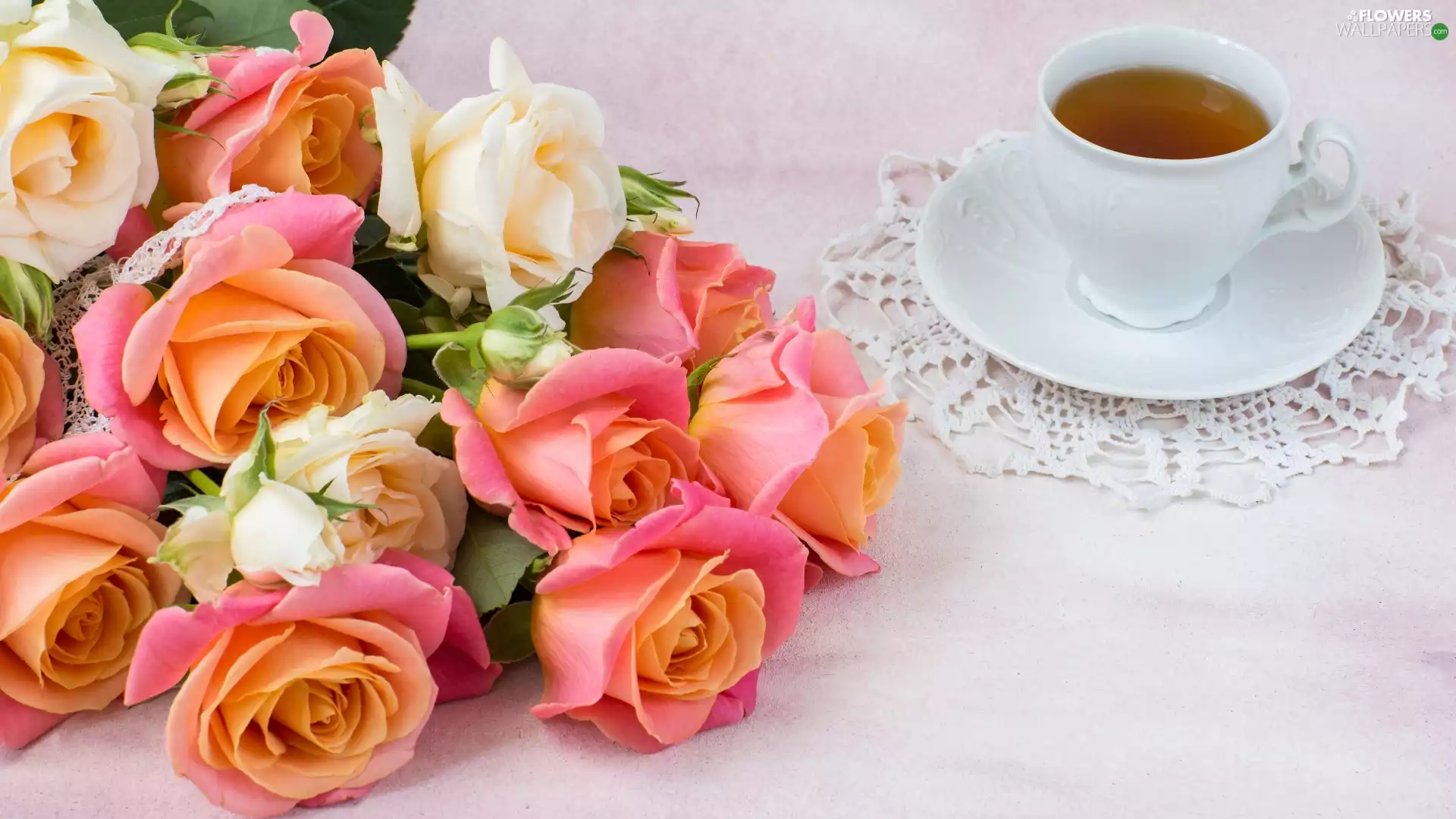 napkin, Flowers, plate, tea, cup, roses