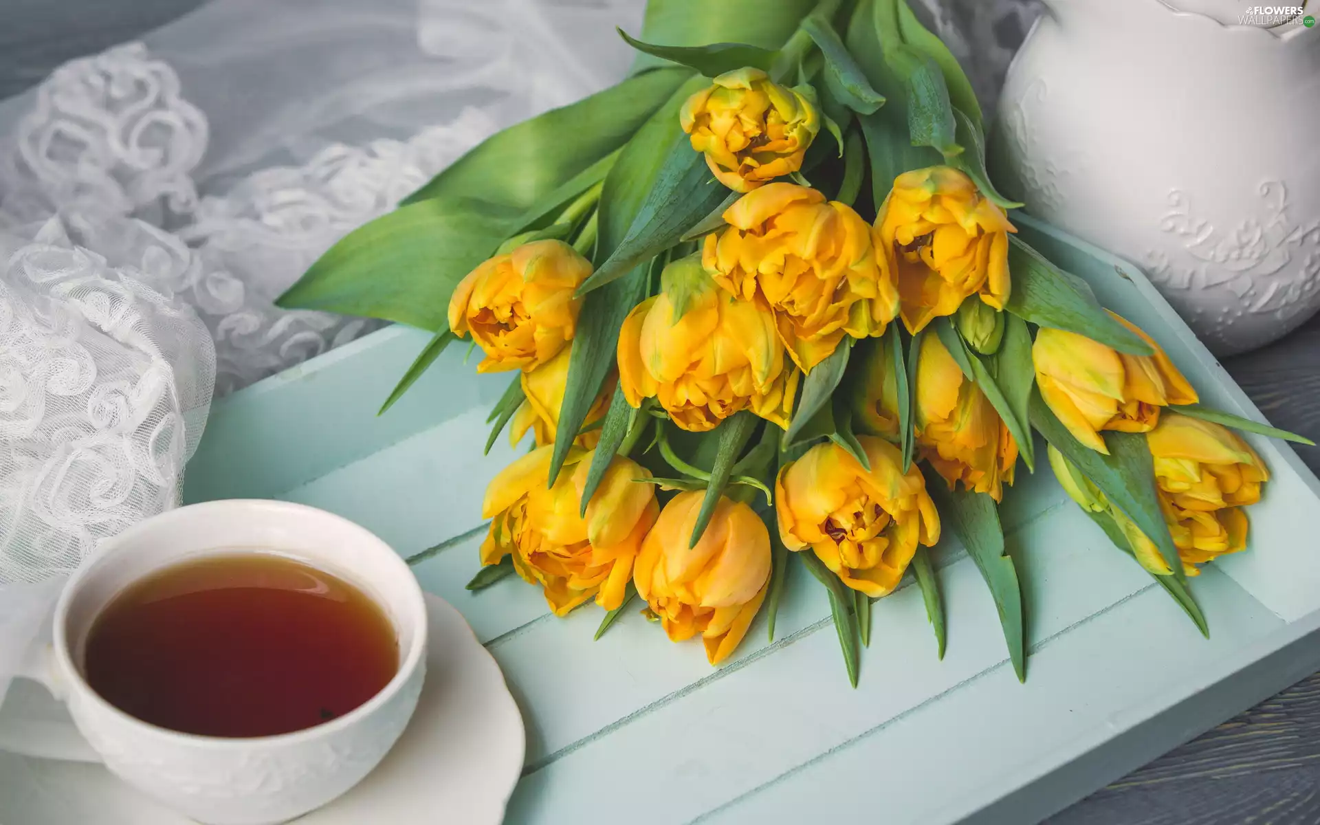 bouquet, Yellow, cup, tea, Tray, Tulips
