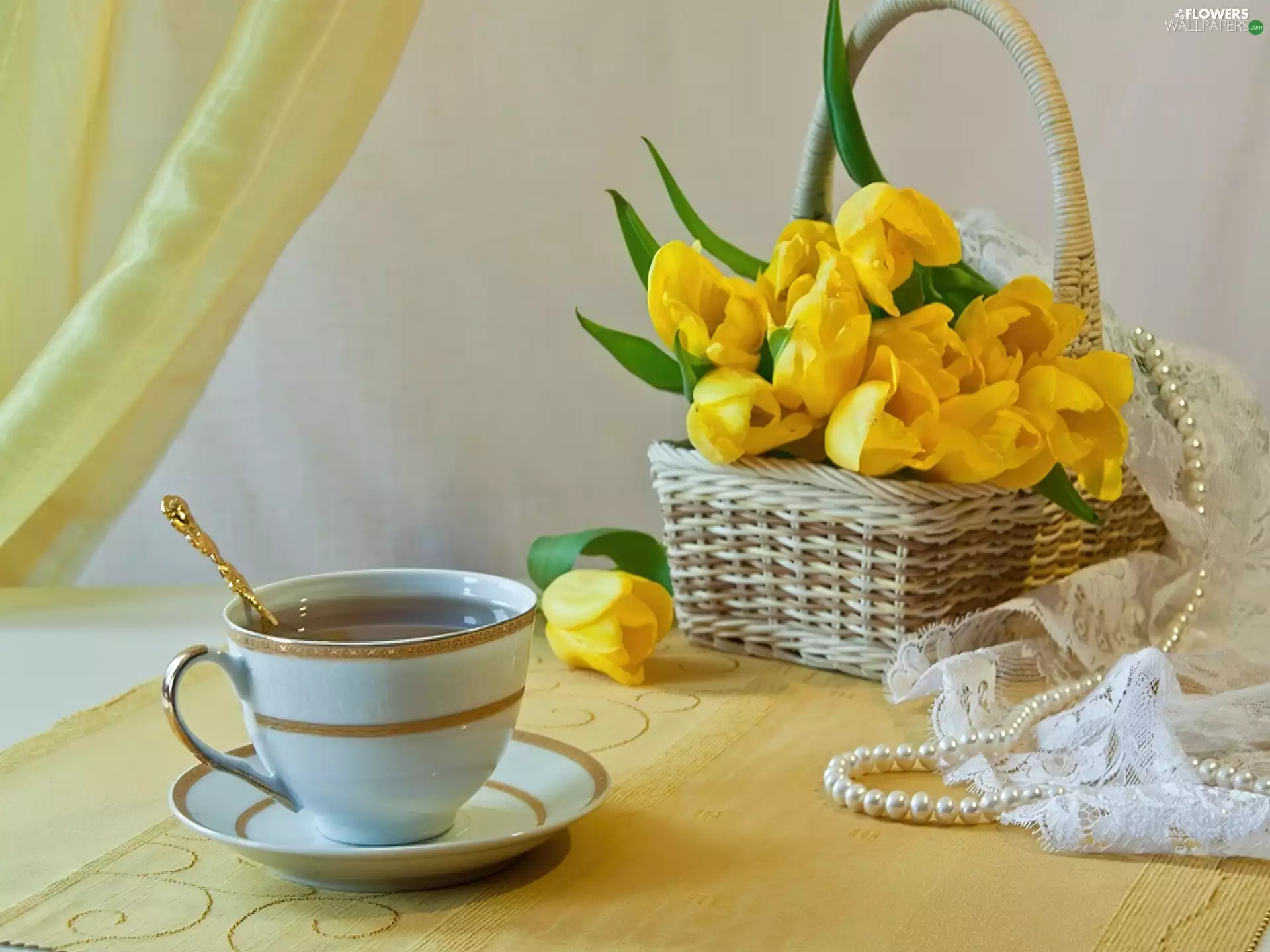 cup, tea, yellow, tulips, basket