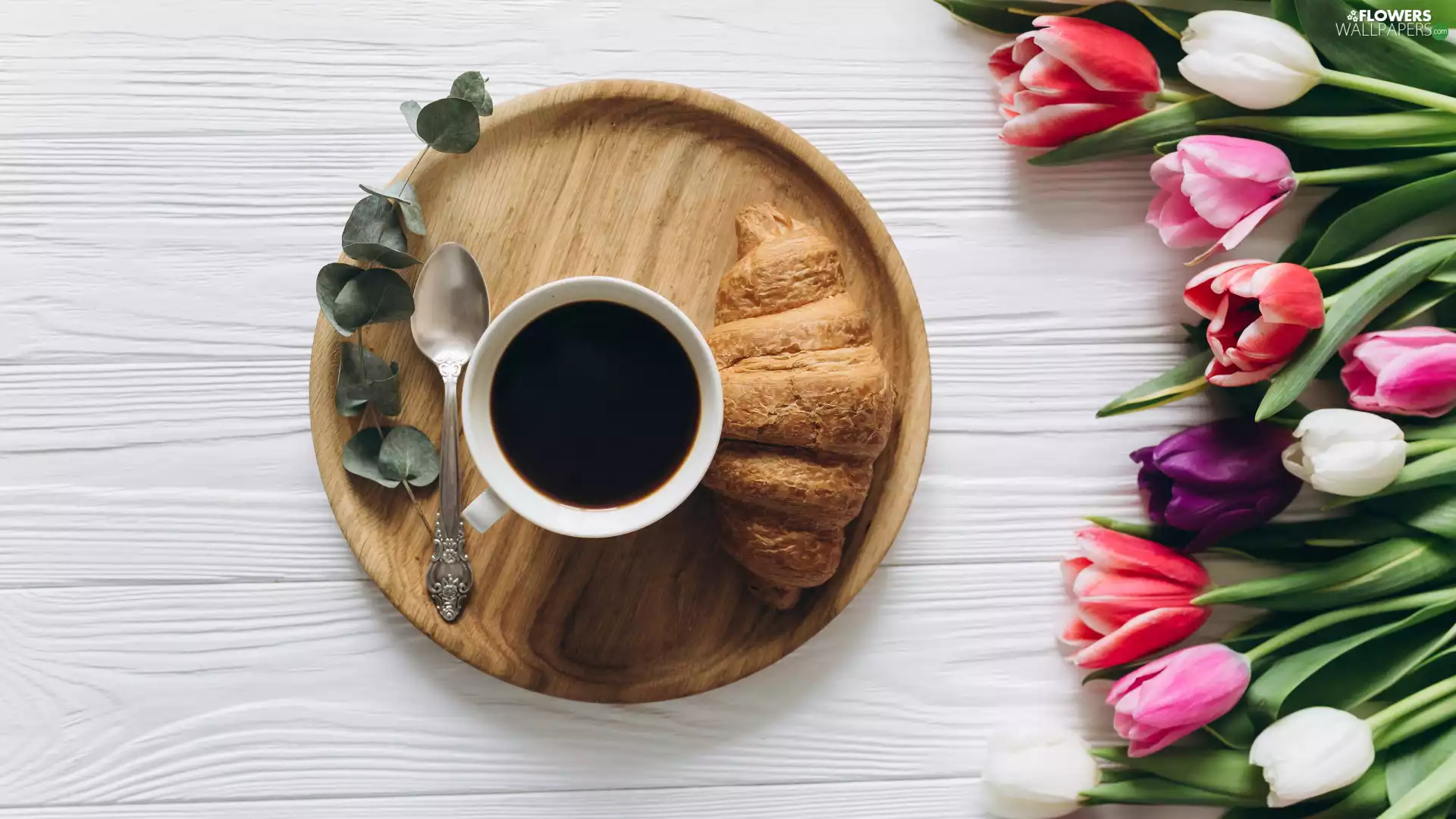coffee, Flowers, Croissant, teaspoon, twirl, Tulips