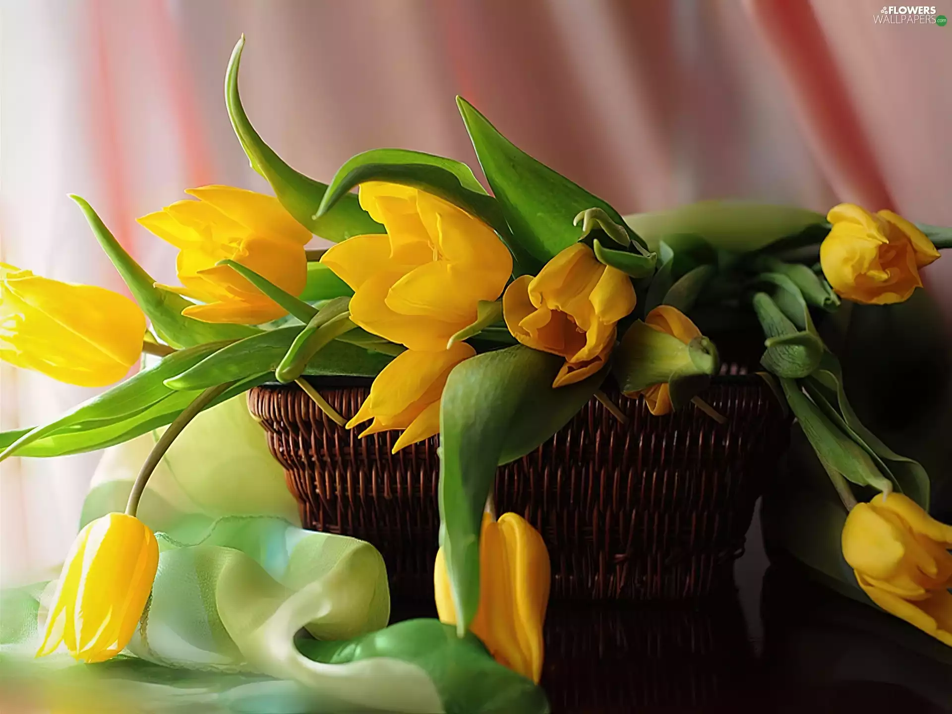 Green, textile, Tulips, basket, Yellow