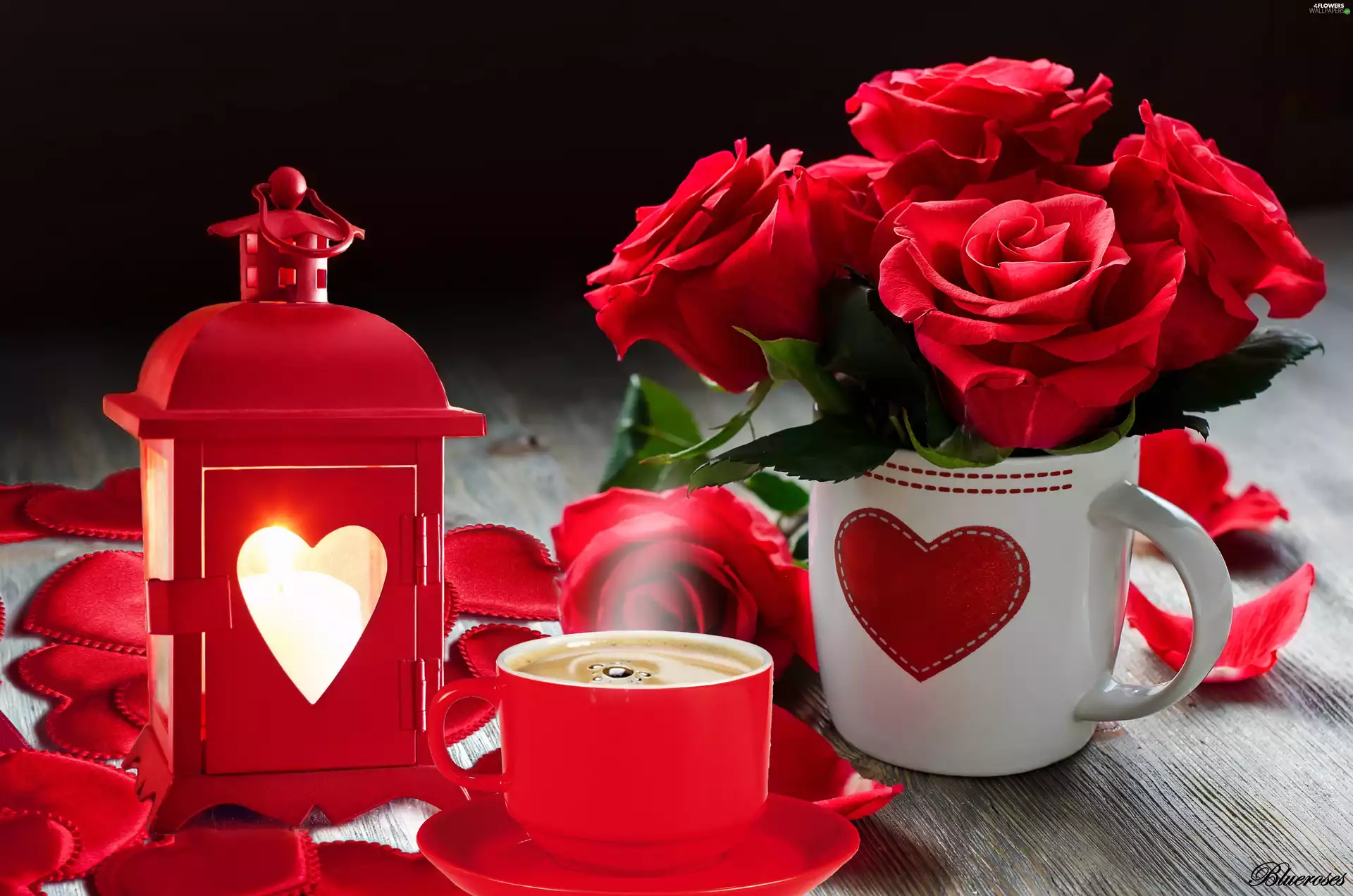 lantern, roses, Love things, composition, Candle, coffee