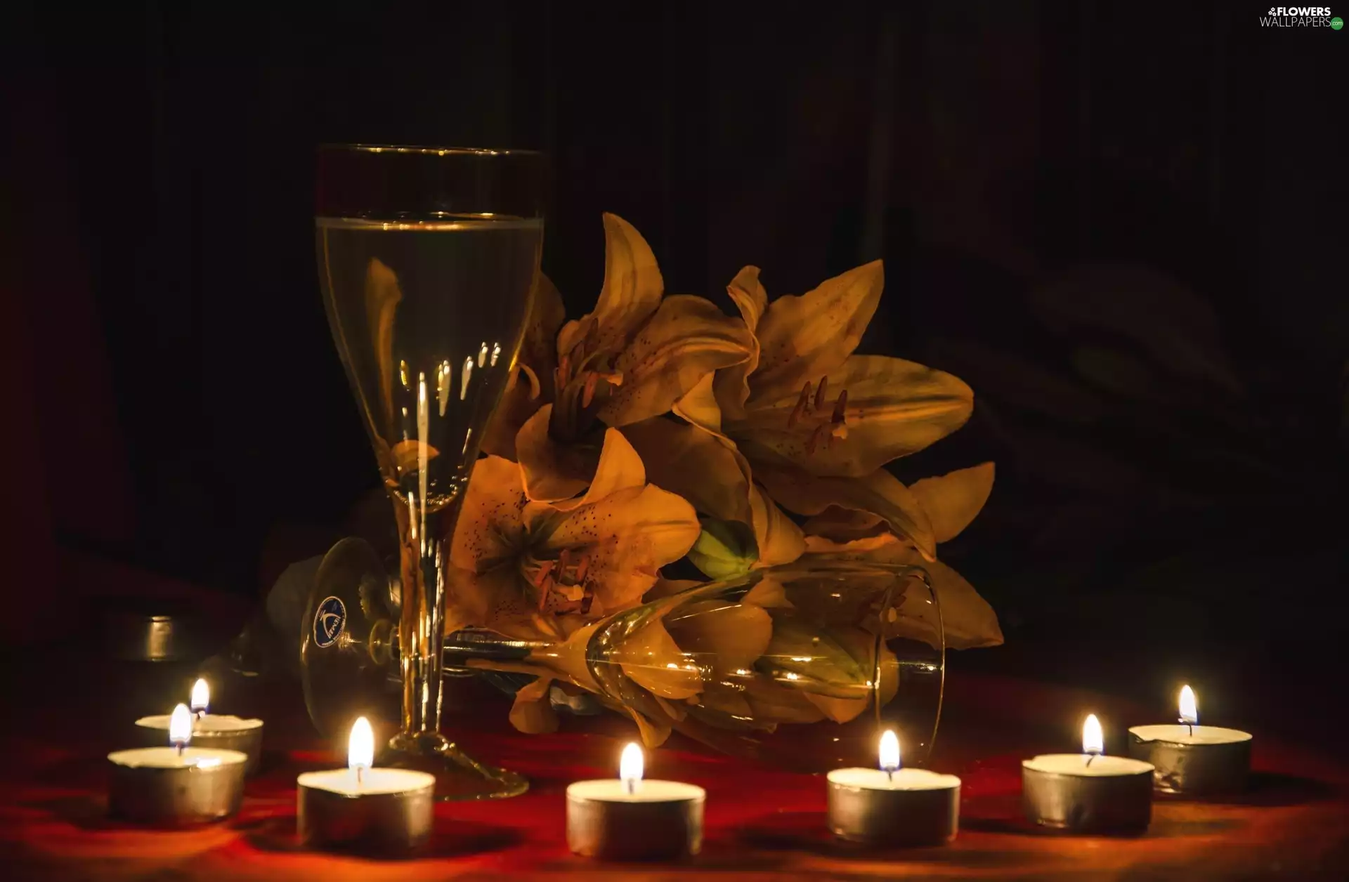 Wine, glasses, candle, Tiger lily, composition