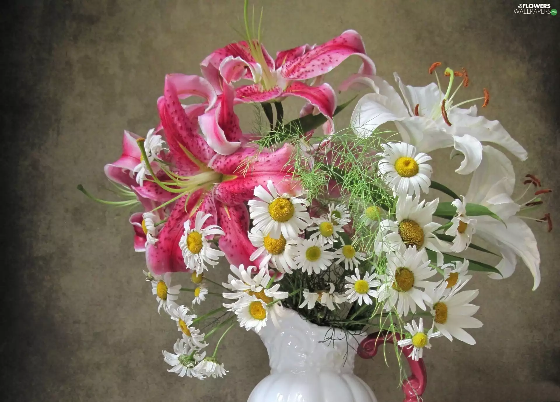 Flowers, Tiger lily, daisy, bouquet