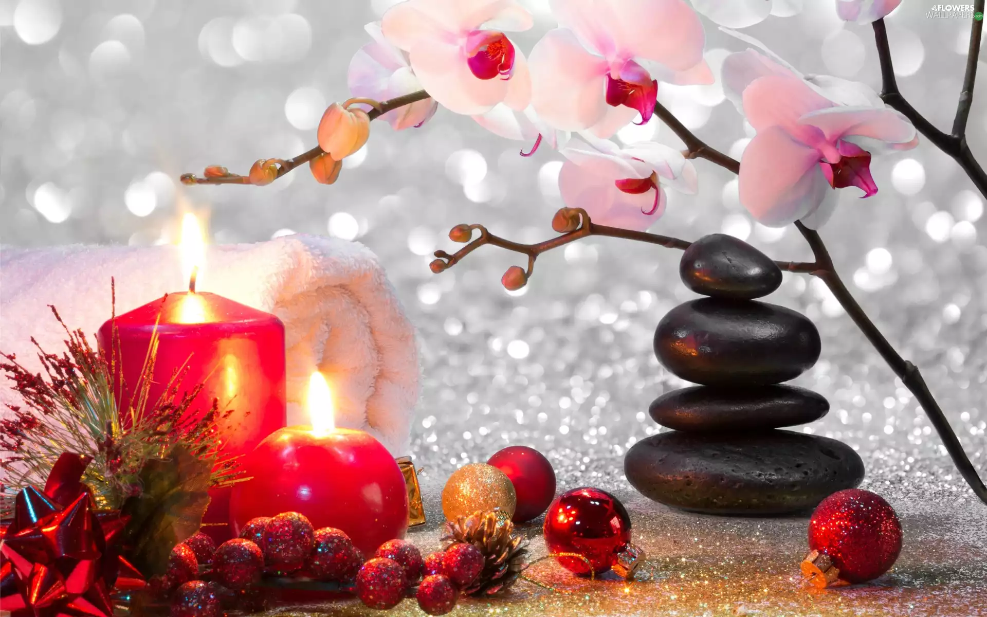 Candles, Stones, Christmas, Towel, orchids, baubles, composition