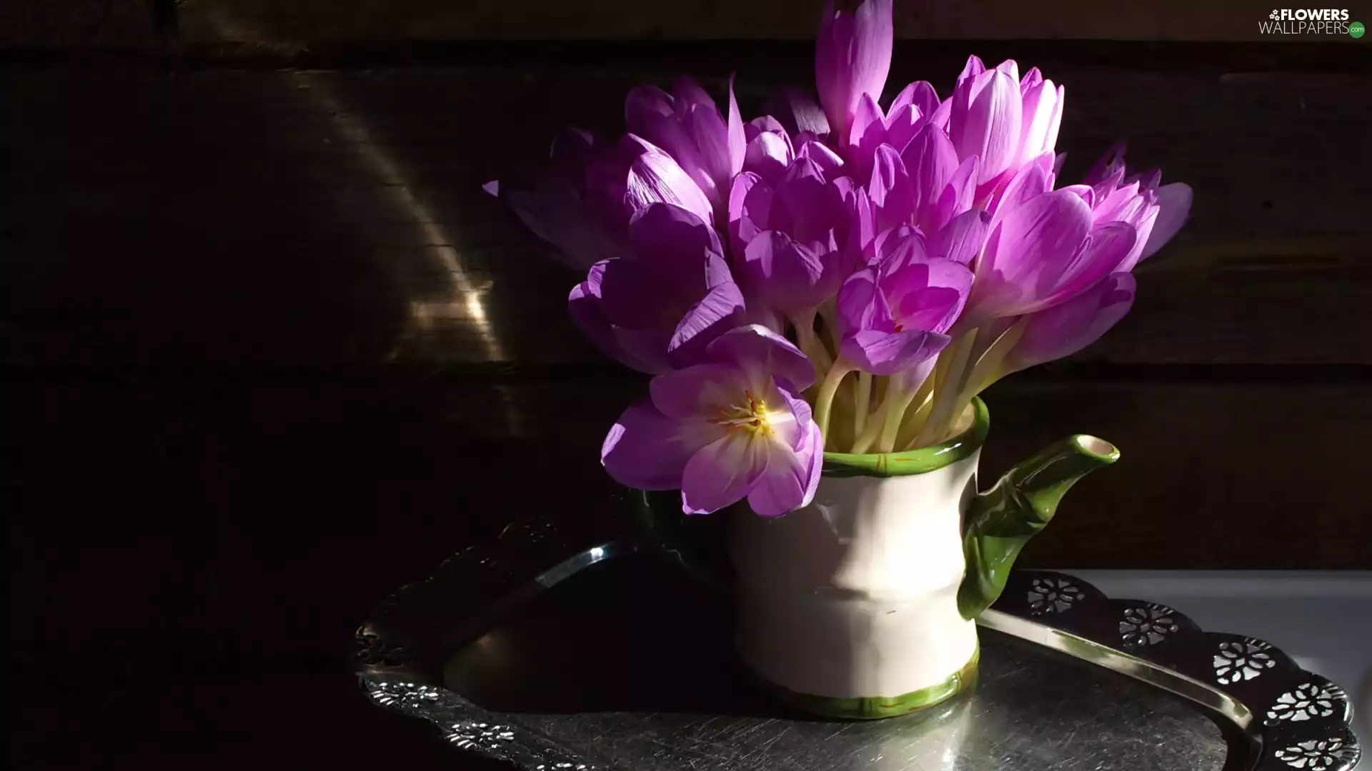 jug, Tray, crocuses, Curcuma, bouquet