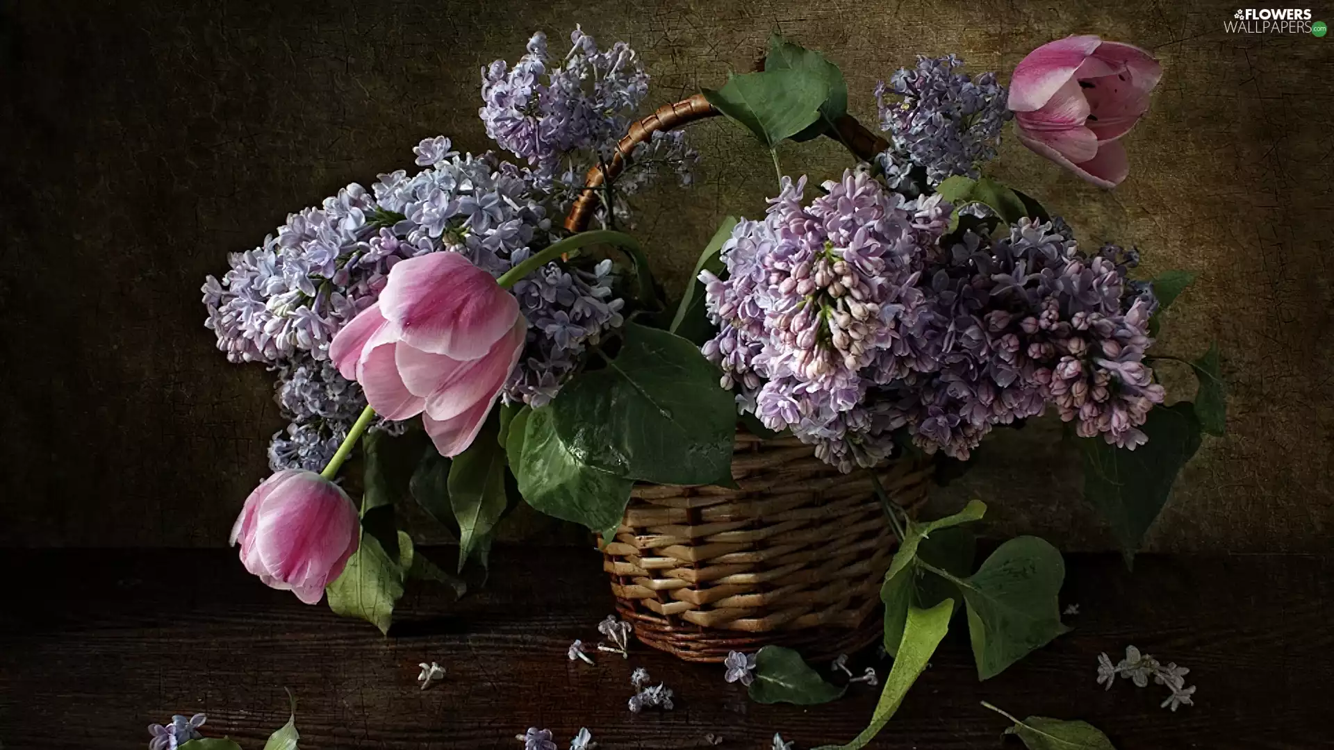 Tulips, basket, flowers, Lilacs, bouquet