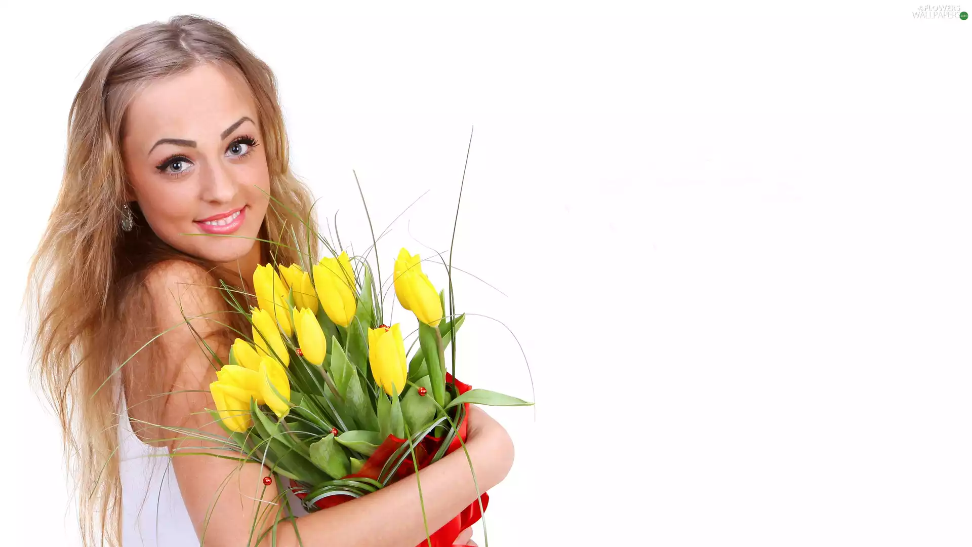 Women, smiling, Yellow, Tulips, bouquet, Blonde