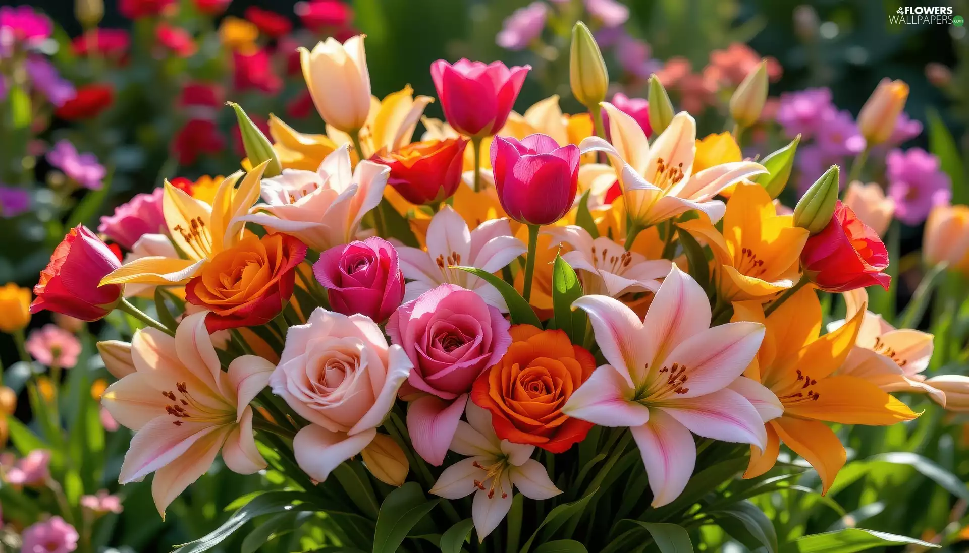 roses, Flowers, bouquet, Tulips, color, lilies, rapprochement