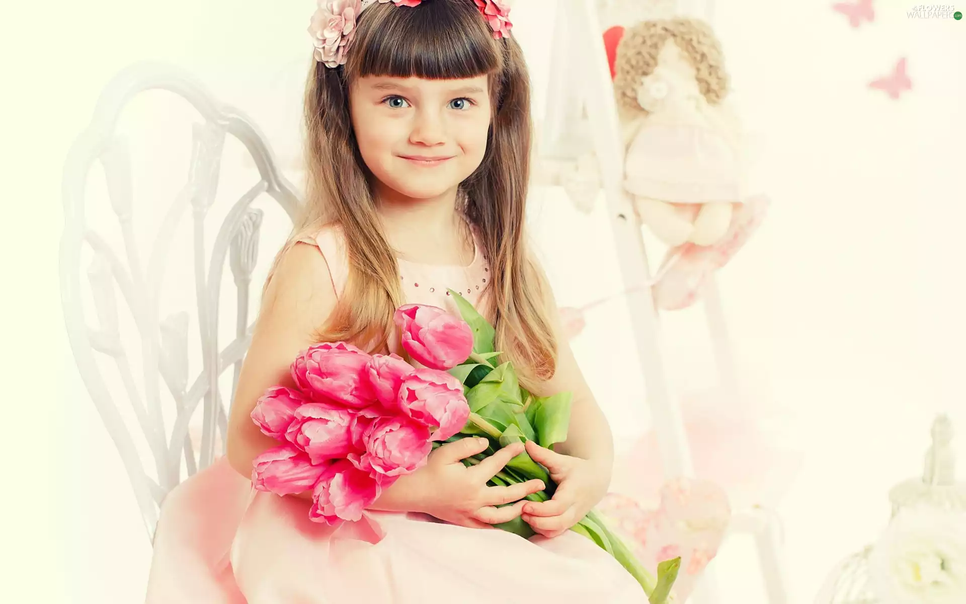 Tulips, girl, bouquet