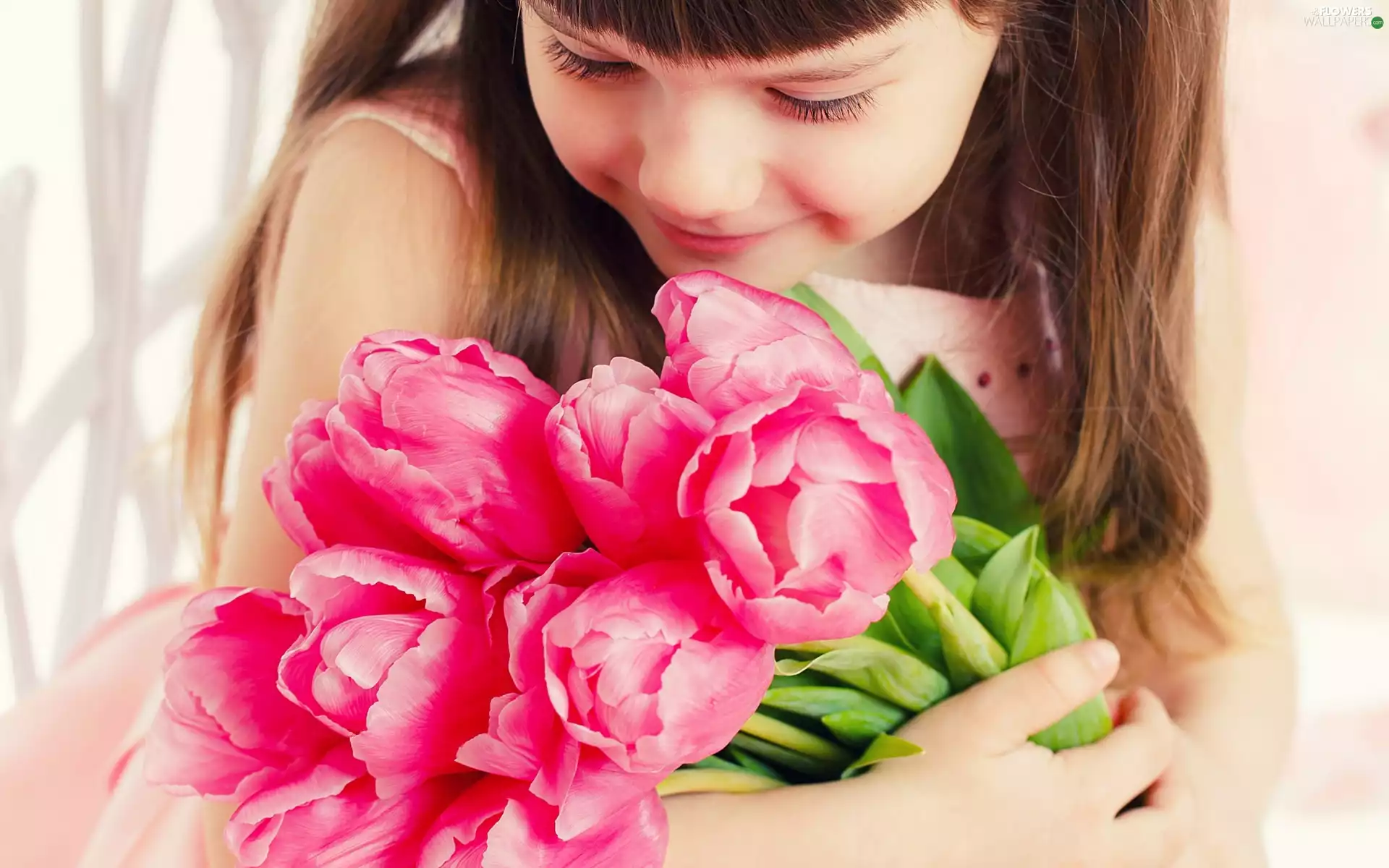 Tulips, girl, bouquet