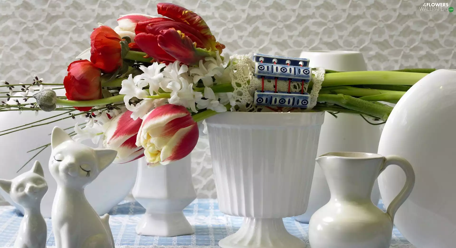 flowers, Tulips, ceramic, bouquet, figures