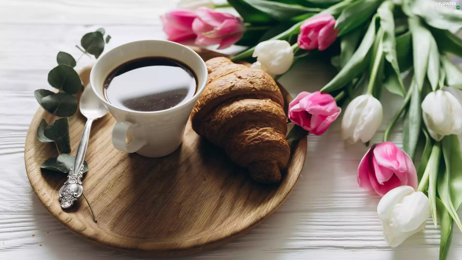 Tray, Tulips, coffee, croissant, cup
