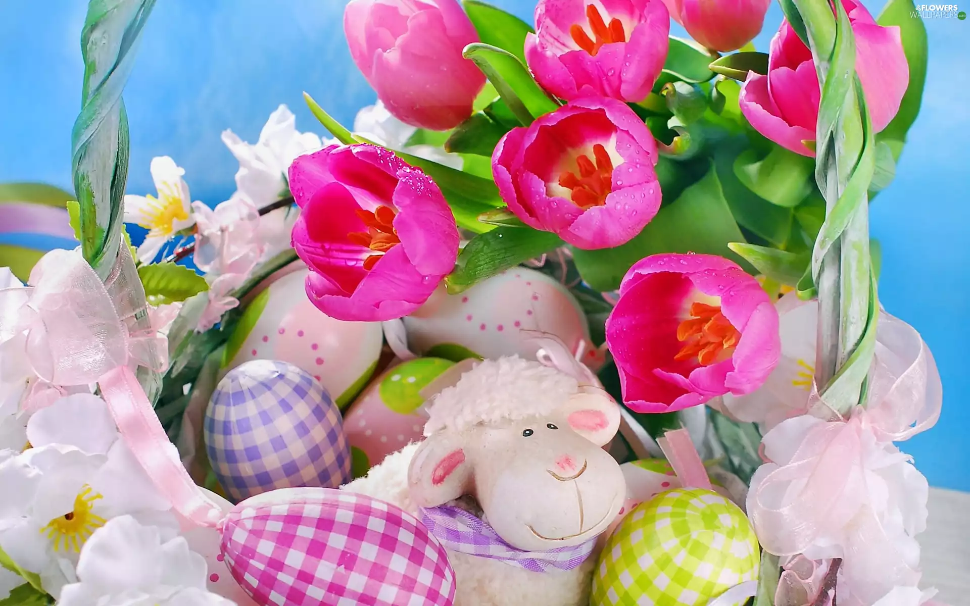 eggs, composition, Easter, Tulips