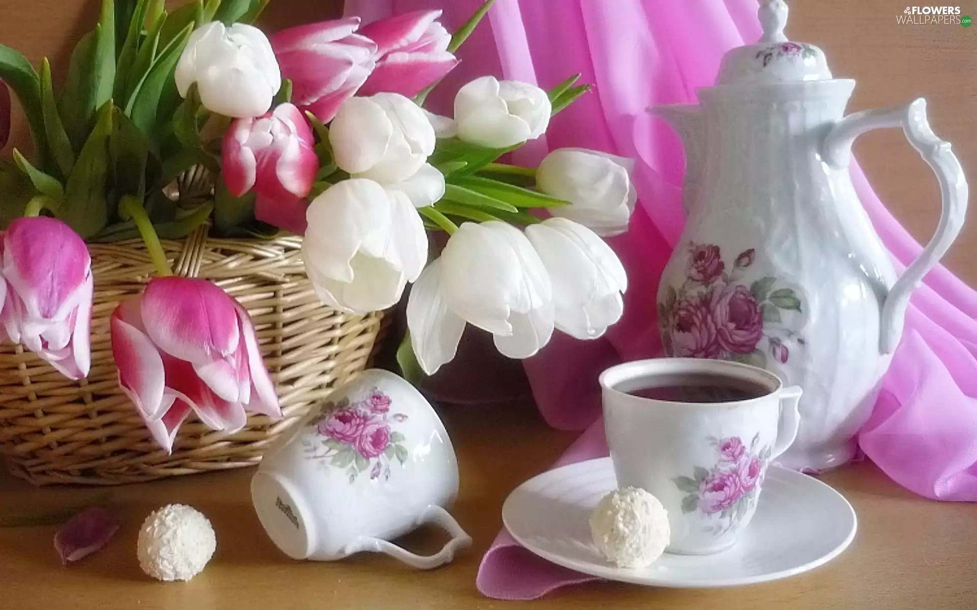 Flowers, jug, cups, Tulips