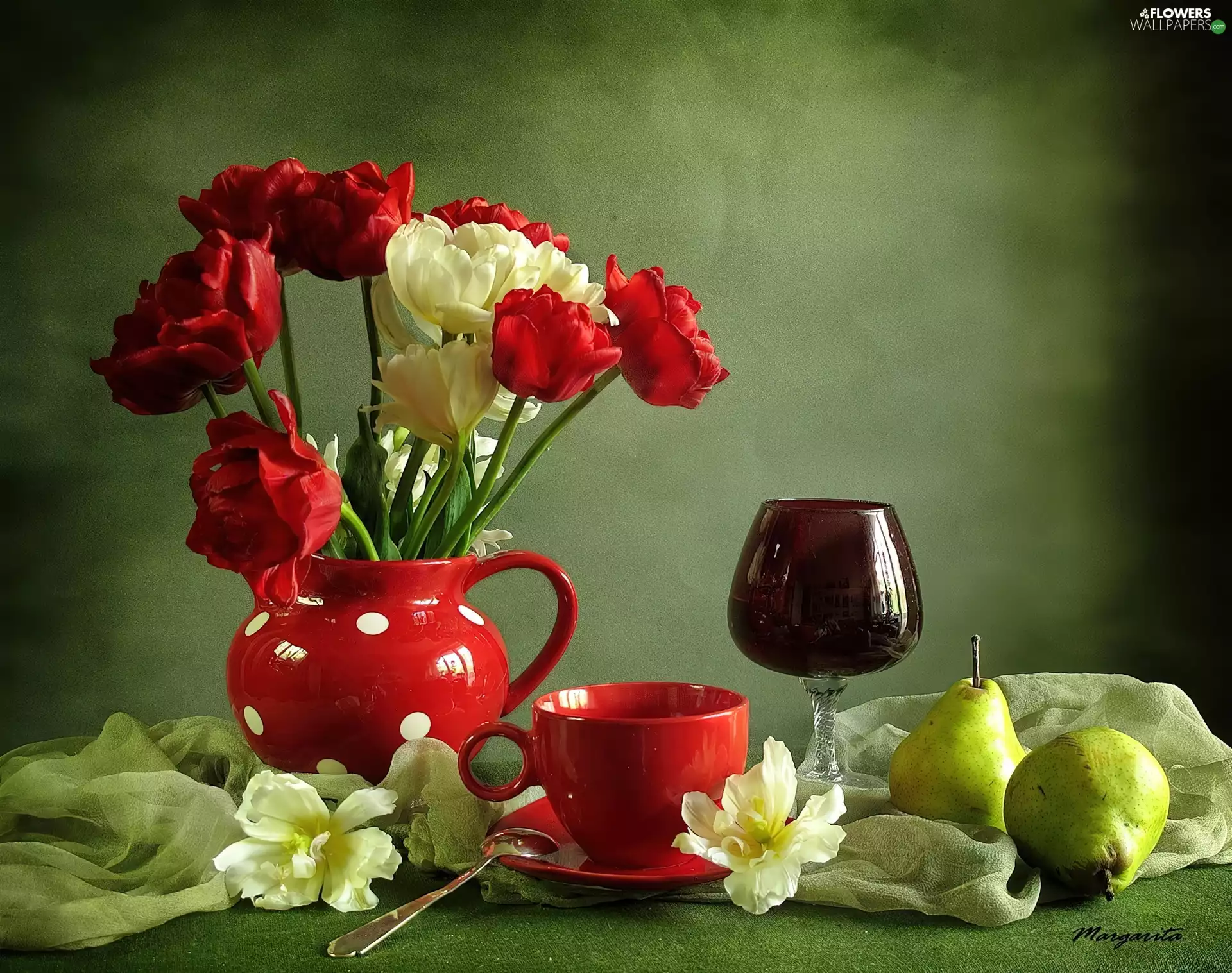 Flowers, Red, Wine, Tulips