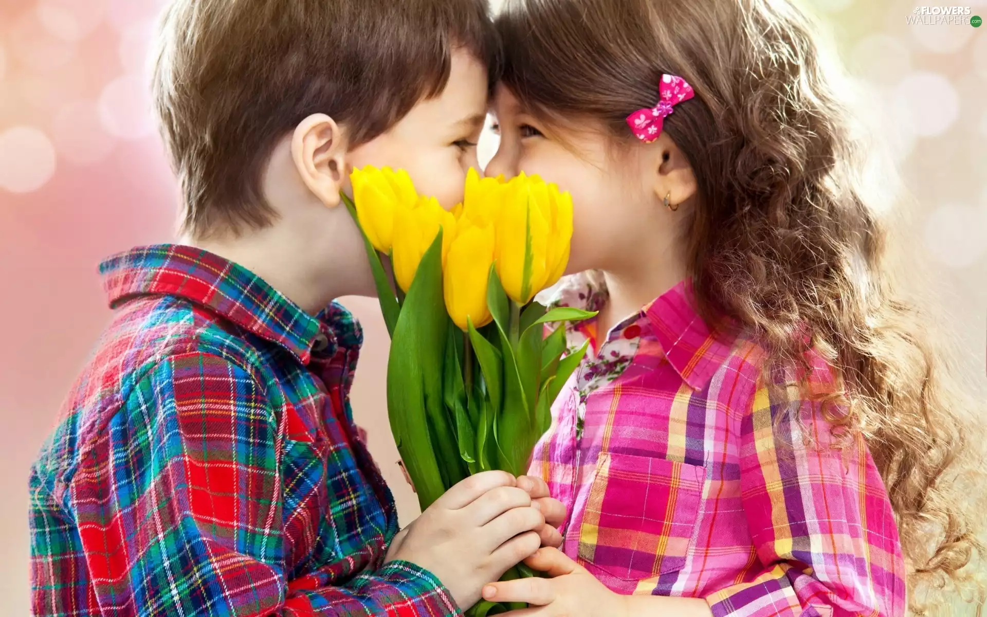 Yellow, Tulips, girl, bouquet, boy