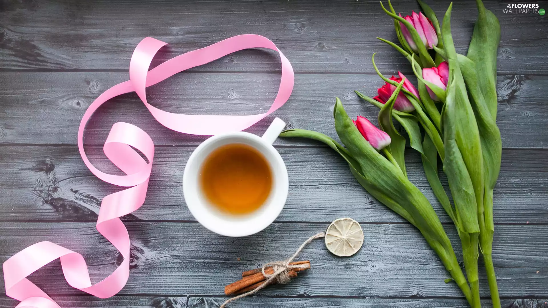 Tulips, Flowers, cup, tea, cinnamon, composition, lemons, ribbon, slice