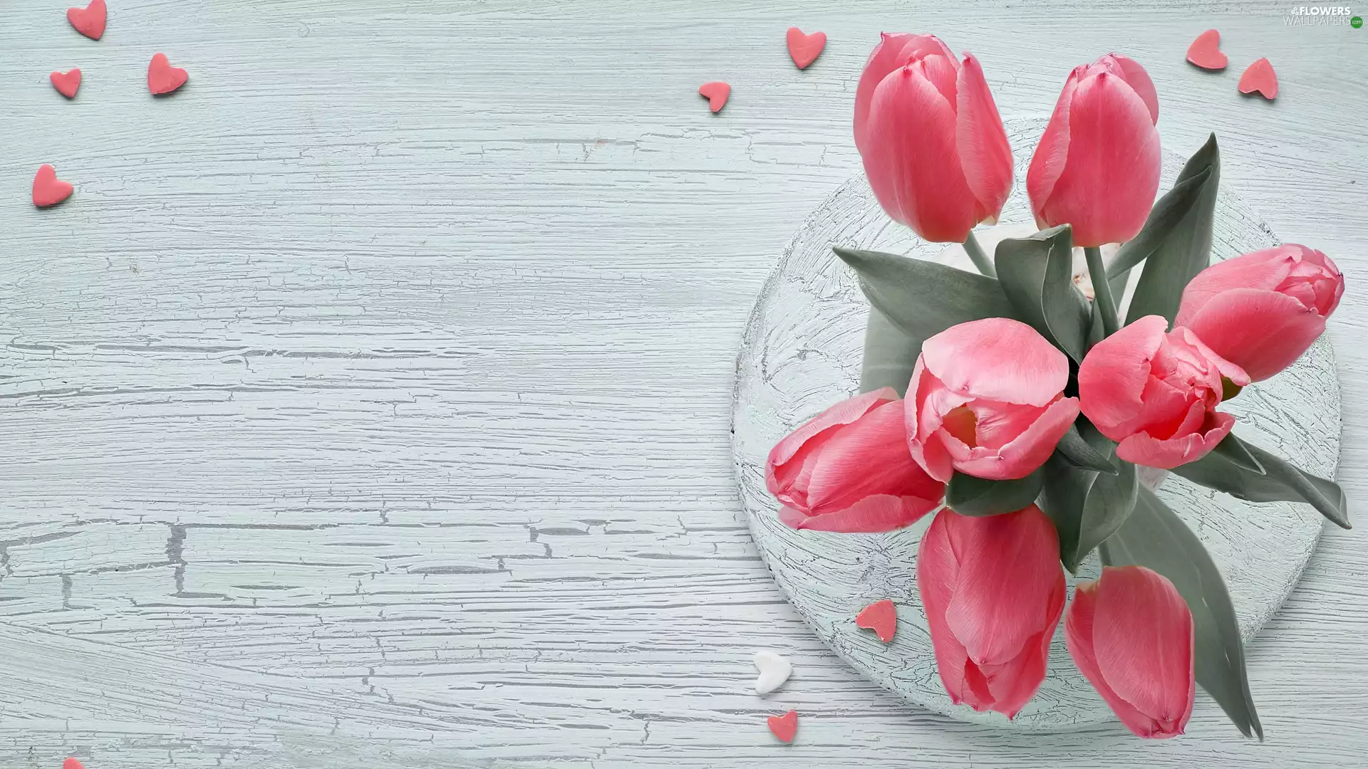 Pink, hearts, Wood, Tulips