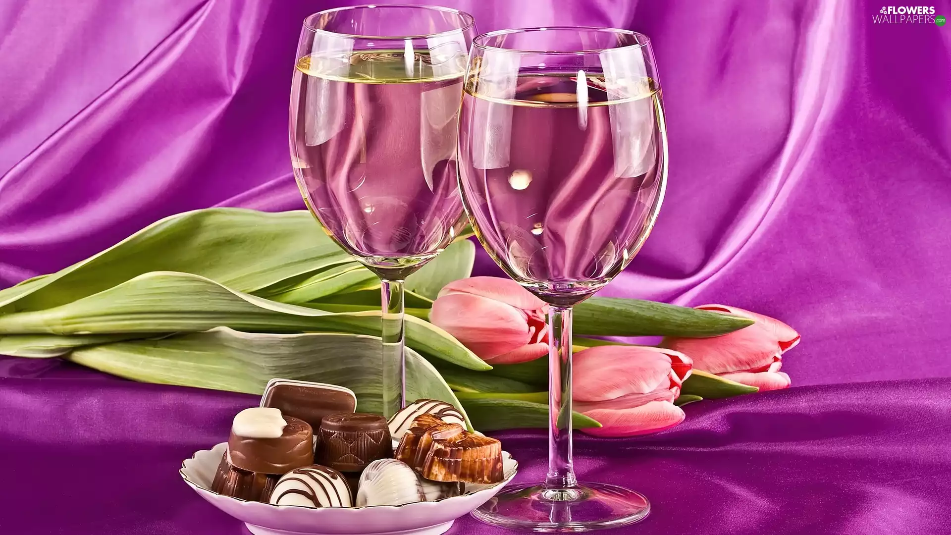 Wines, Two, Tulips, pralines, Pink, Lights