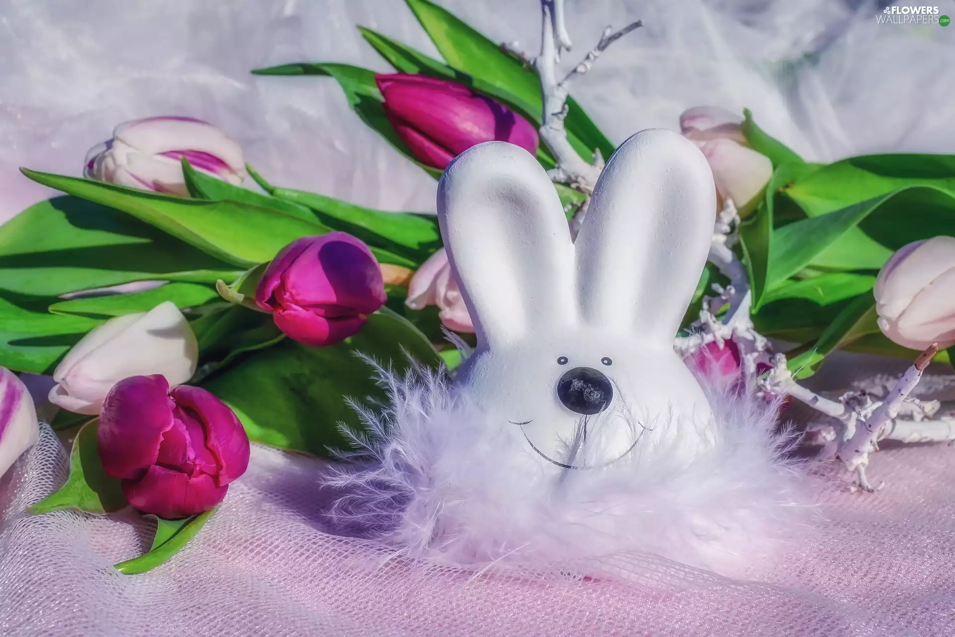 Flowers, Tulips, rabbit, feather, figure