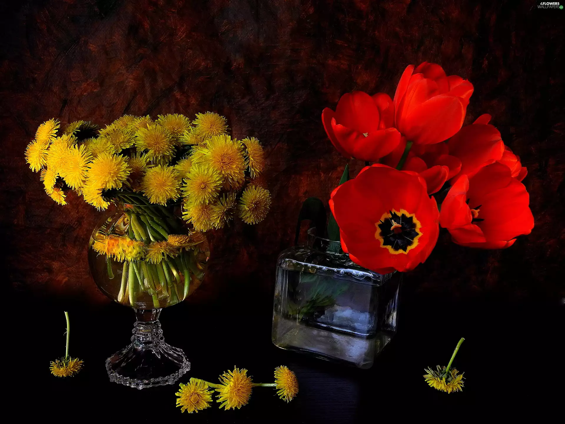 Red, dandelions, glass, Tulips