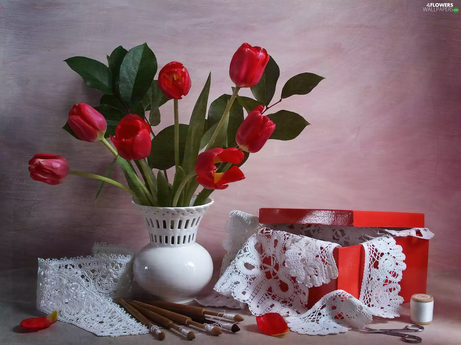 Tulips, Vase, Red