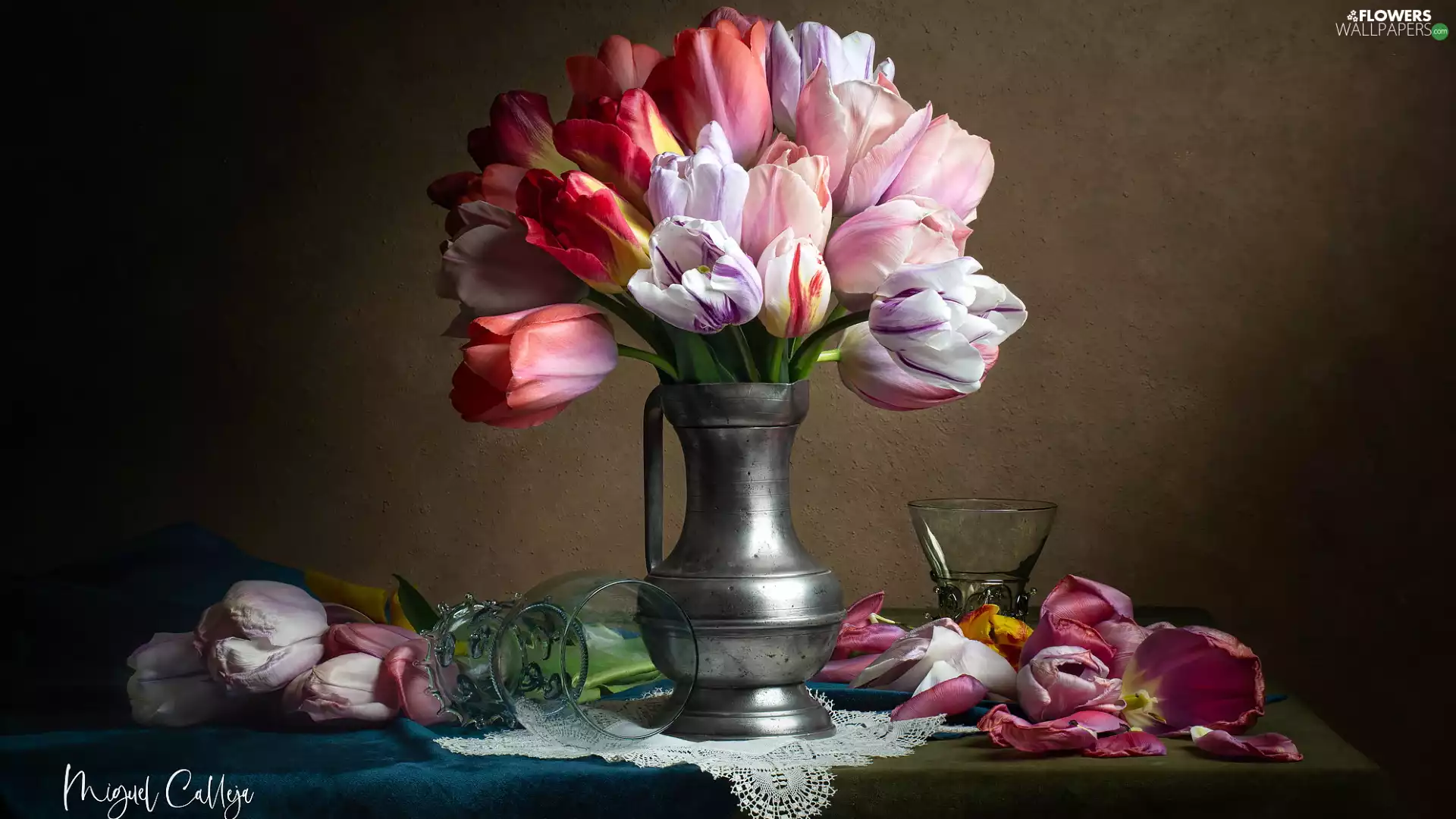 glass, Vase, tablecloth, Tulips, silver, White, composition