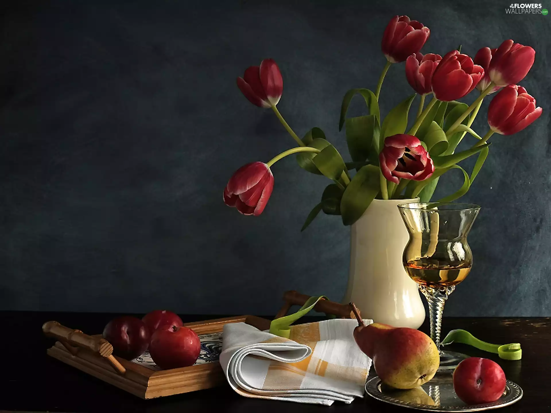 Vase, Fruits, Wine, Tulips