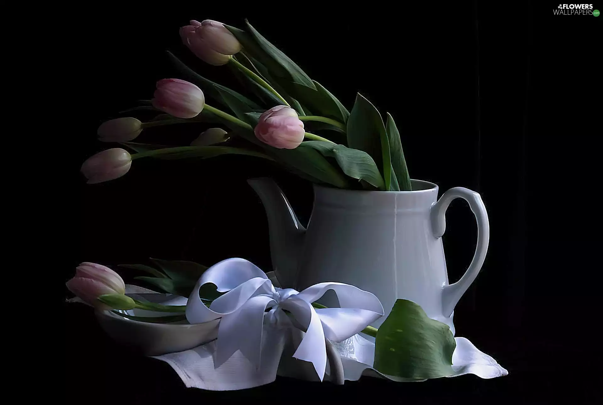 White, jug, ribbon, Tulips