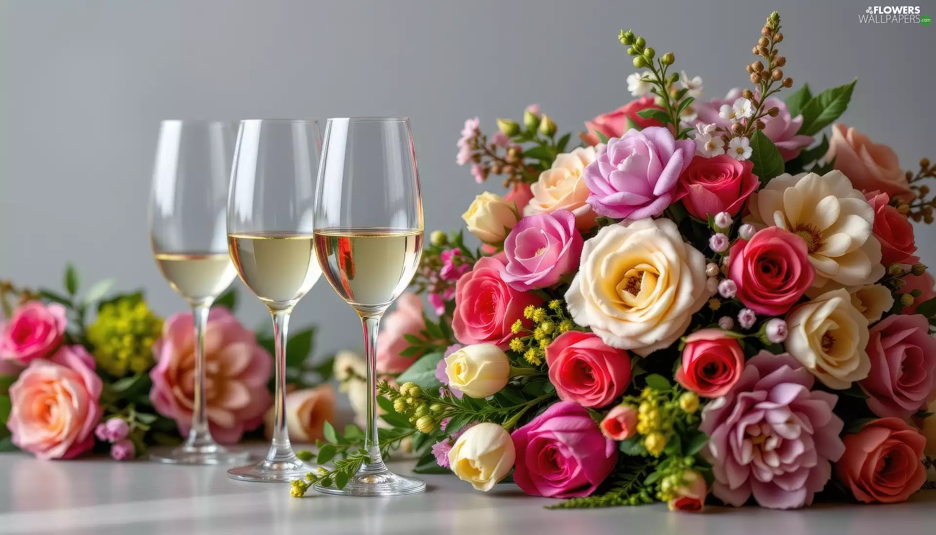 bouquet, glasses, roses, Tulips, Flowers, Wine