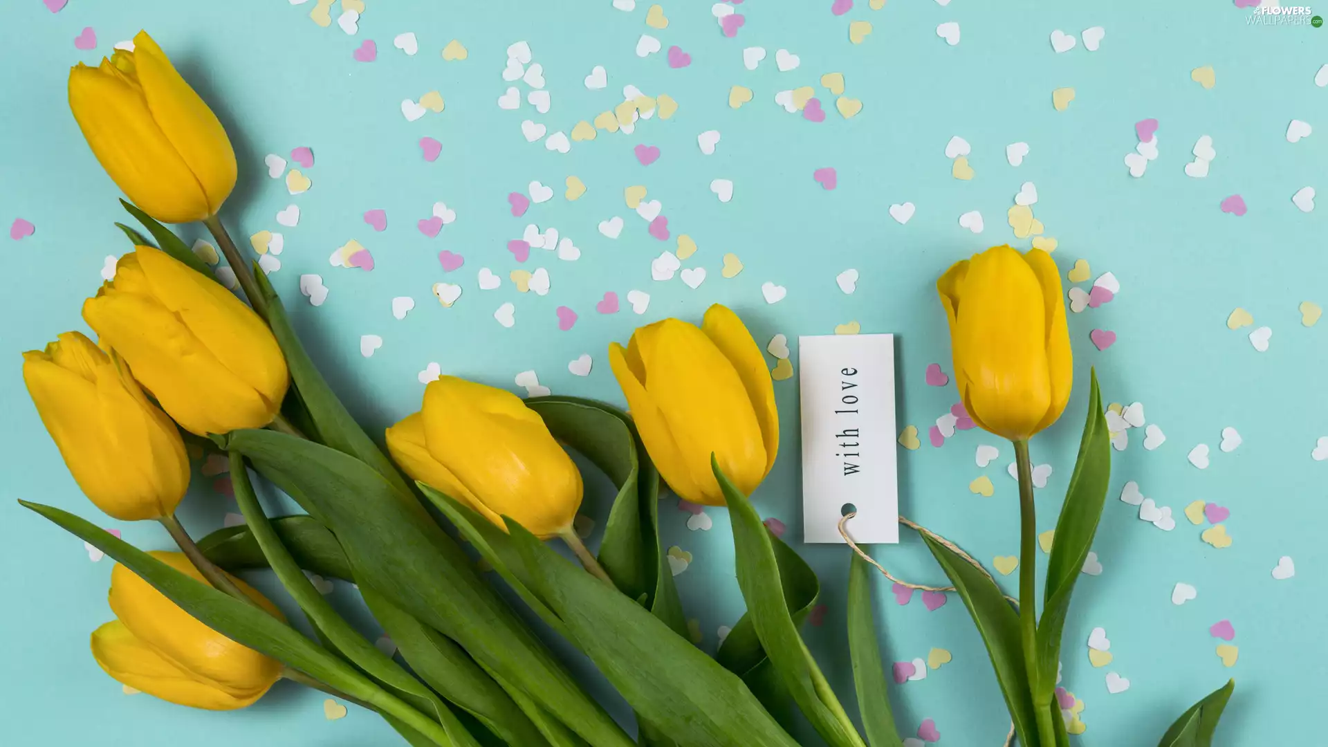 Yellow, hearts, chit, Tulips