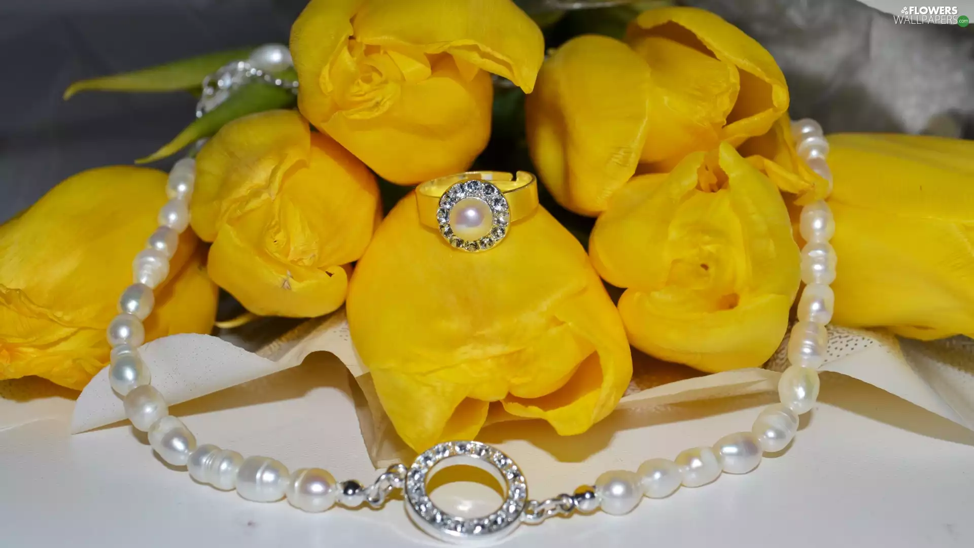 Yellow, Pearl, Ring, Tulips
