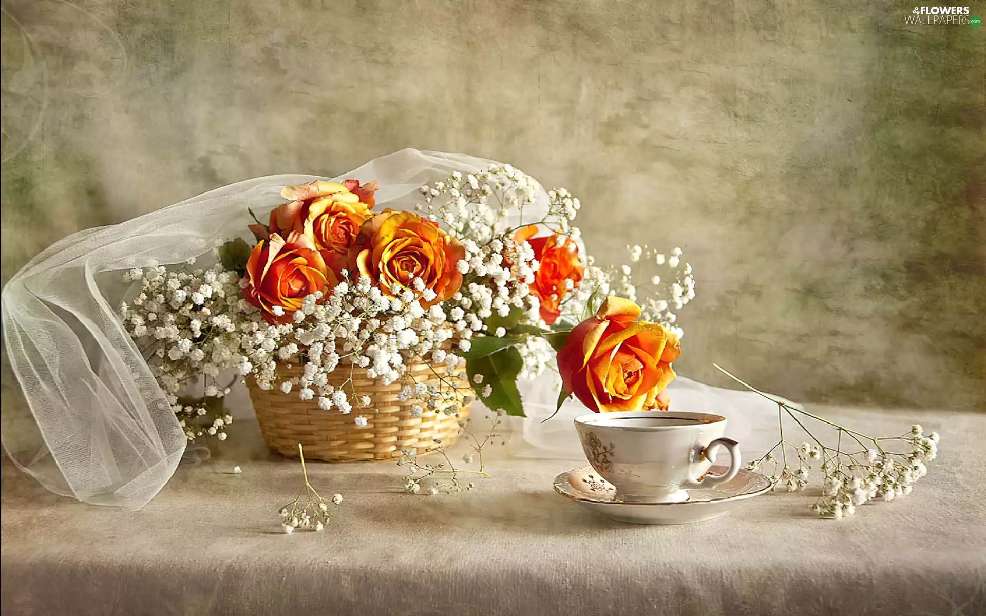cup, tulle, Yellow, roses, basket